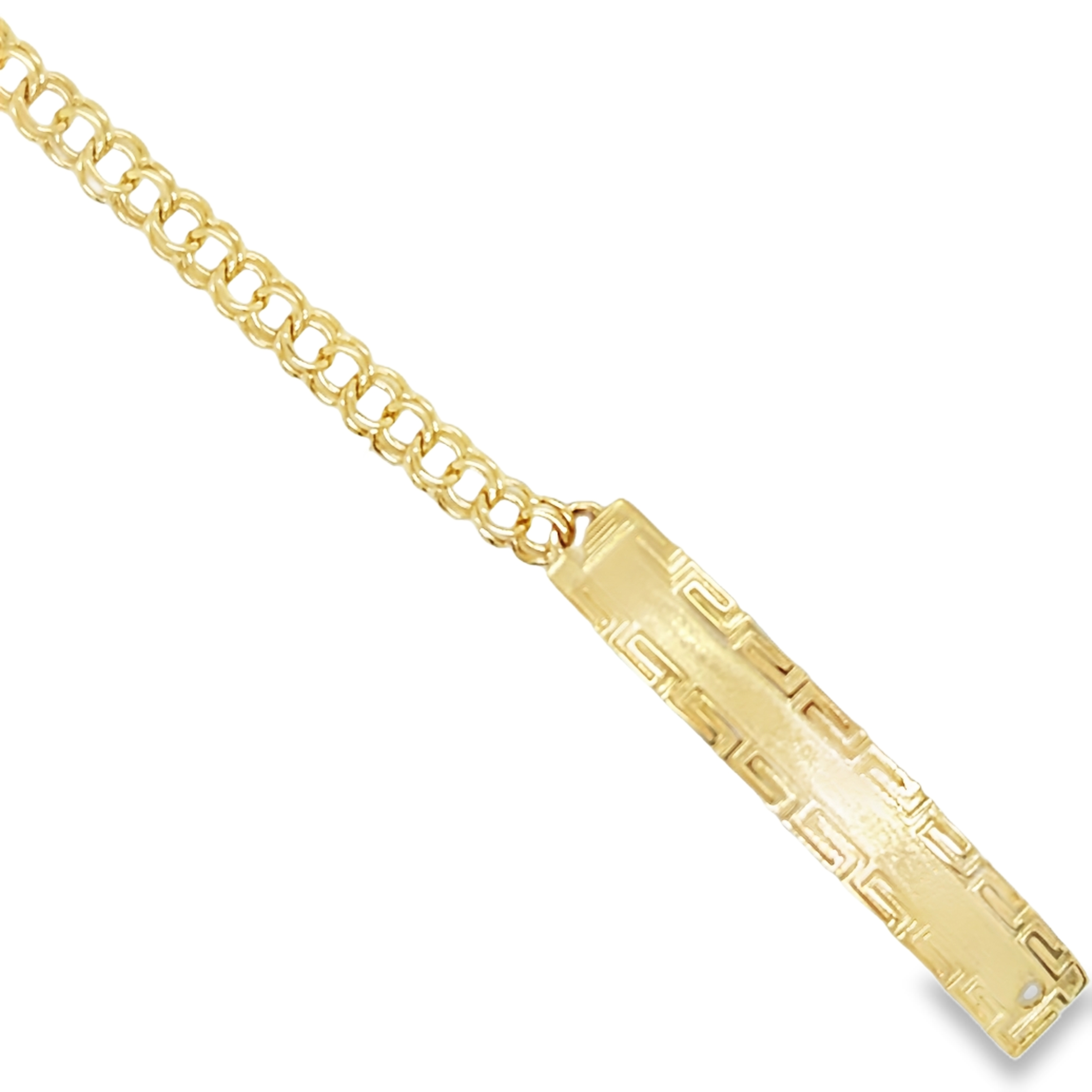 10KT Gold 4MM Regular Chino Link Bracelet with Greek Border, 6 inches