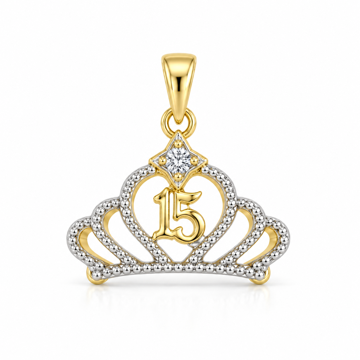 10KT YELLOW GOLD 0.05 CTTW DIAMOND QUINCEAñERA TIARA PENDANT