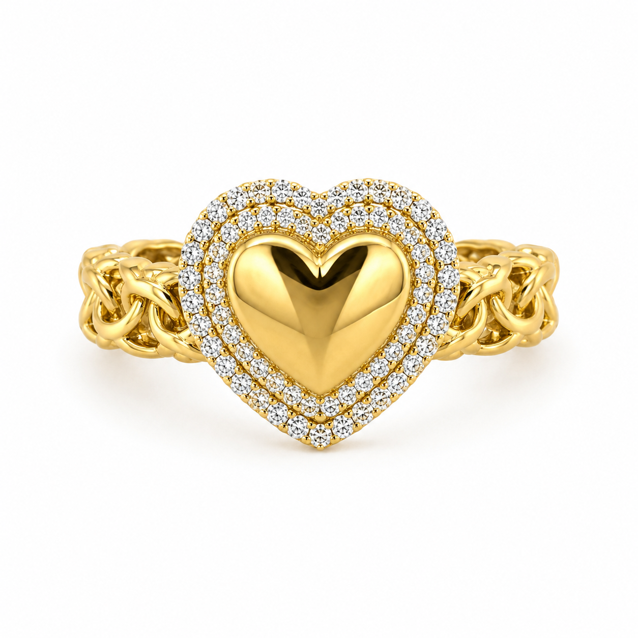 10KT Gold Chino Link Heart Ring with Double CZ Halo FREE Engraving