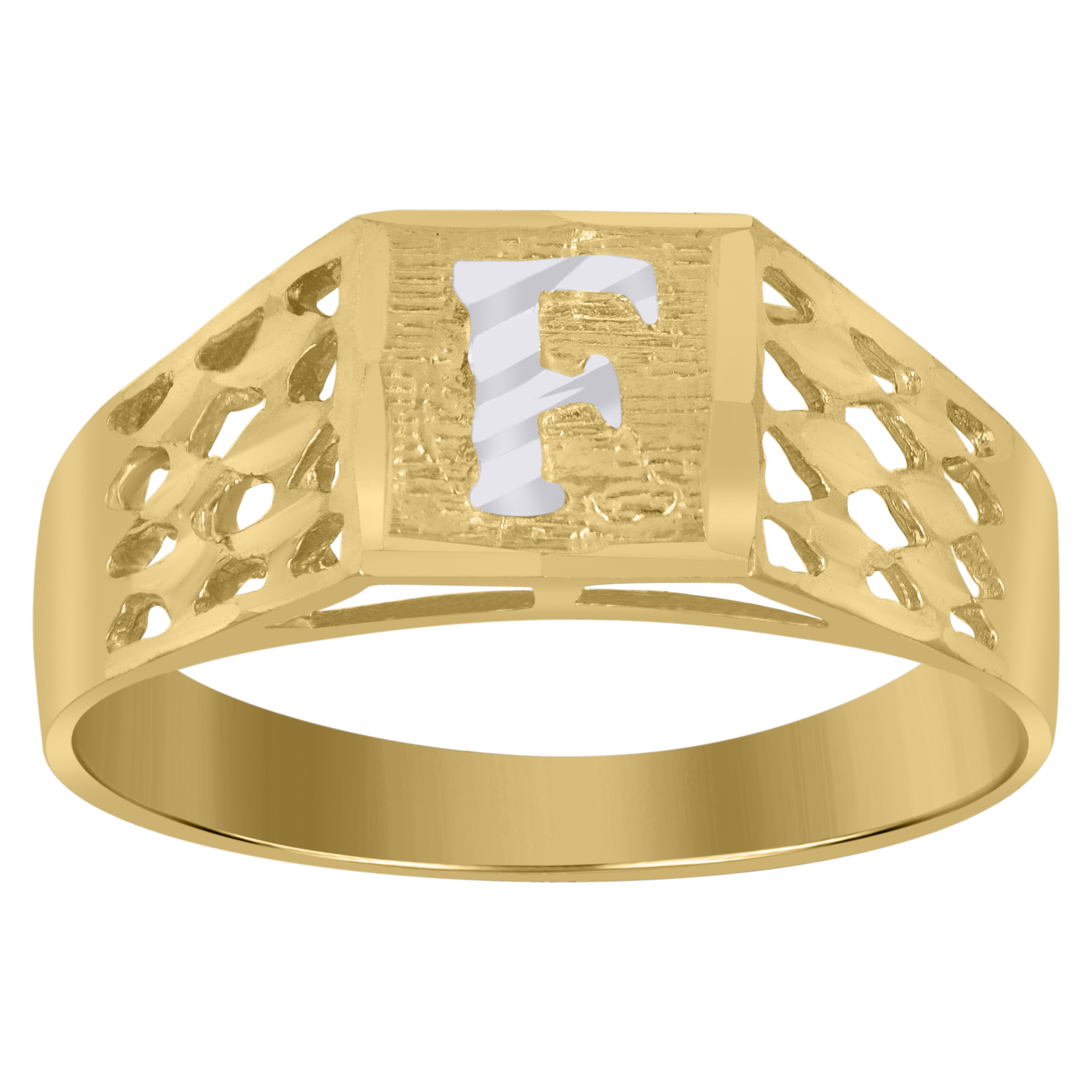 10kt Two-Tone Gold Unisex Diamond-Cut Textured Initial Letter F Band R