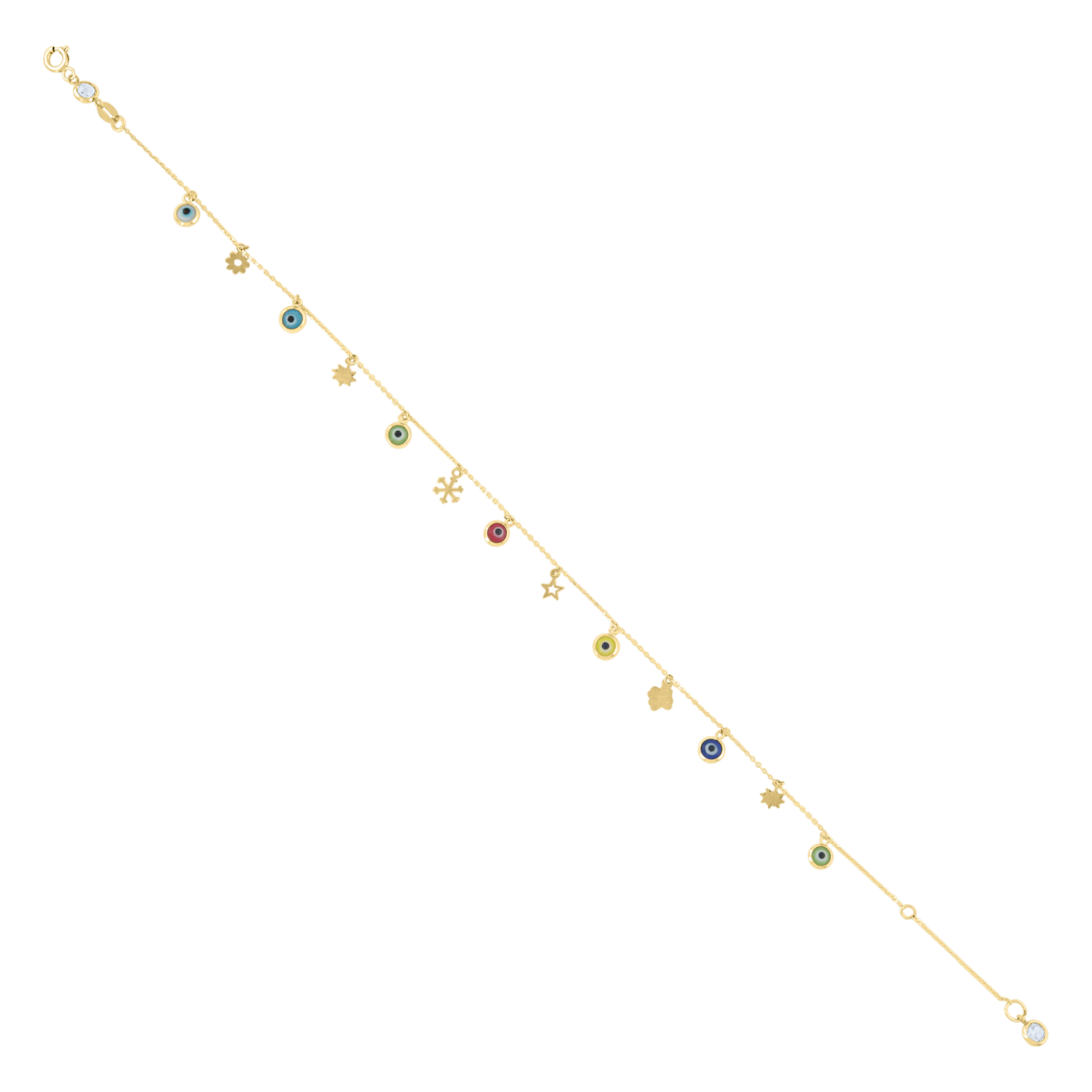 10kt Yellow Gold Womens Cubic-Zirconia Evil Eye Flower Charms Anklet 1