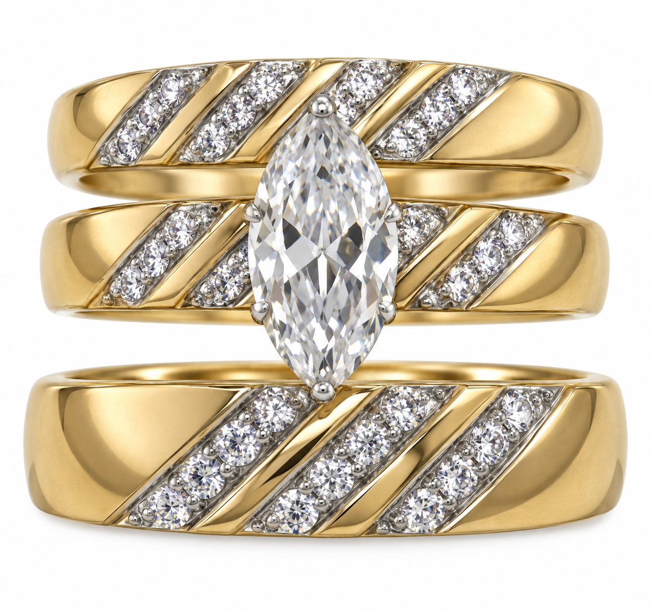 10KT Gold His and Hers Wedding Trio Set with Marquise CZ