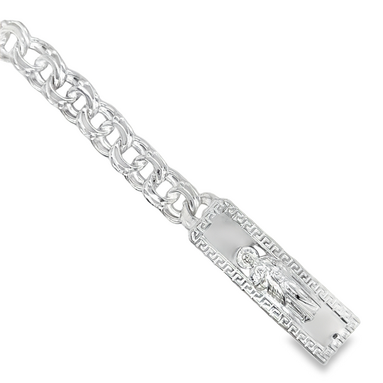 Sterling Silver 12MM Solid Chino Bracelet with Greek Border St. Jude San Judas, 8 Inches