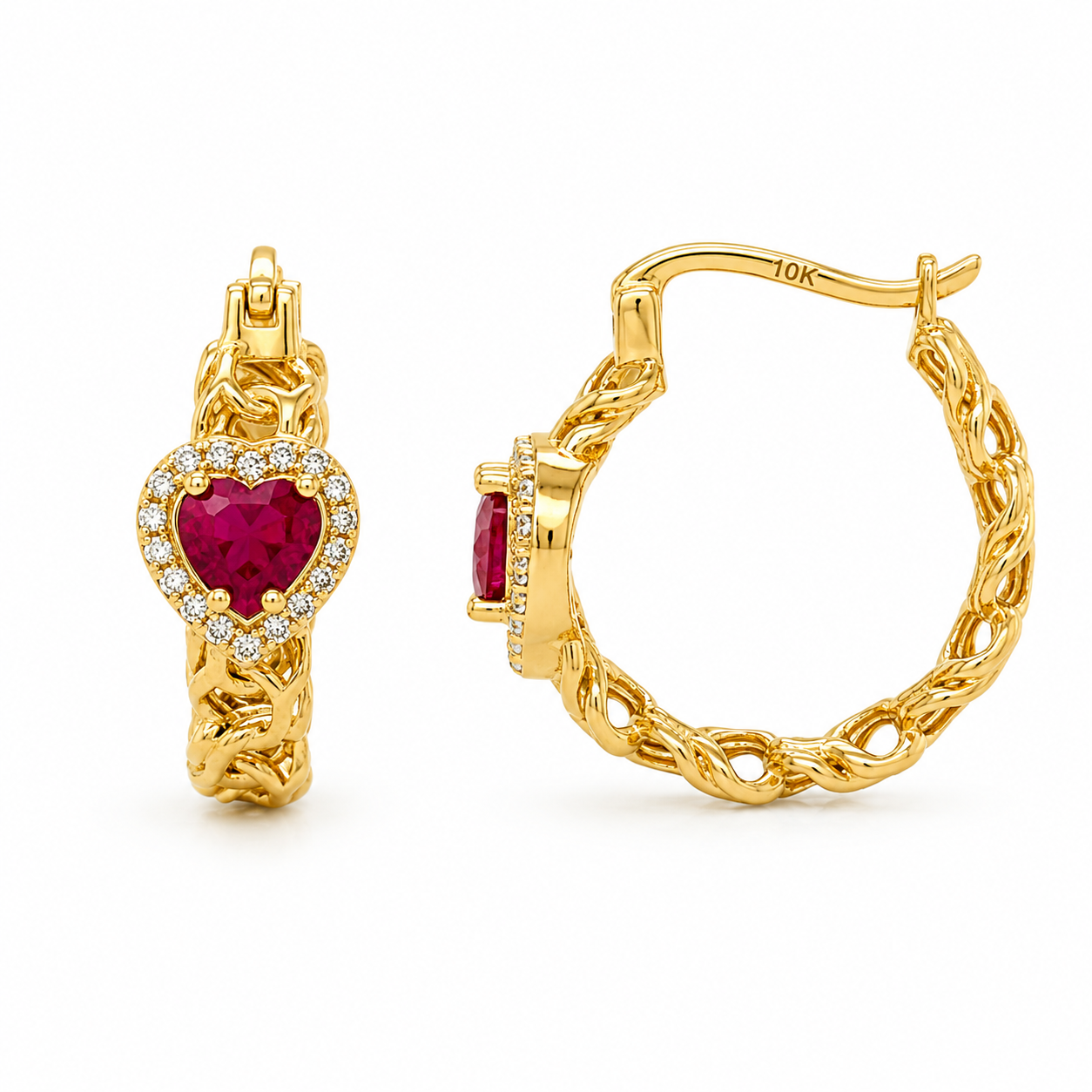 10KT Gold Chino Hoop Earrings with Red Heart Stone 20MM