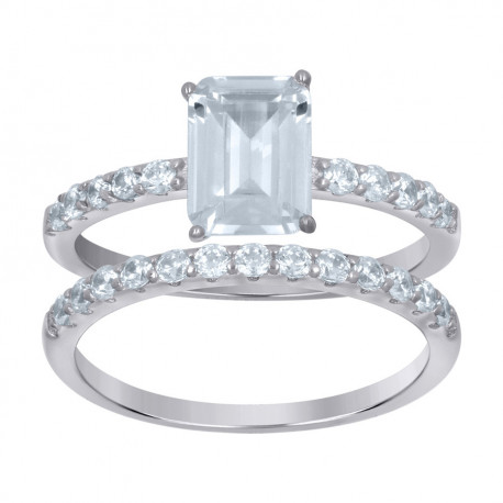 925 Sterling Silver Womens Emerald Cubic-Zirconia Duo Ring Set Size 8