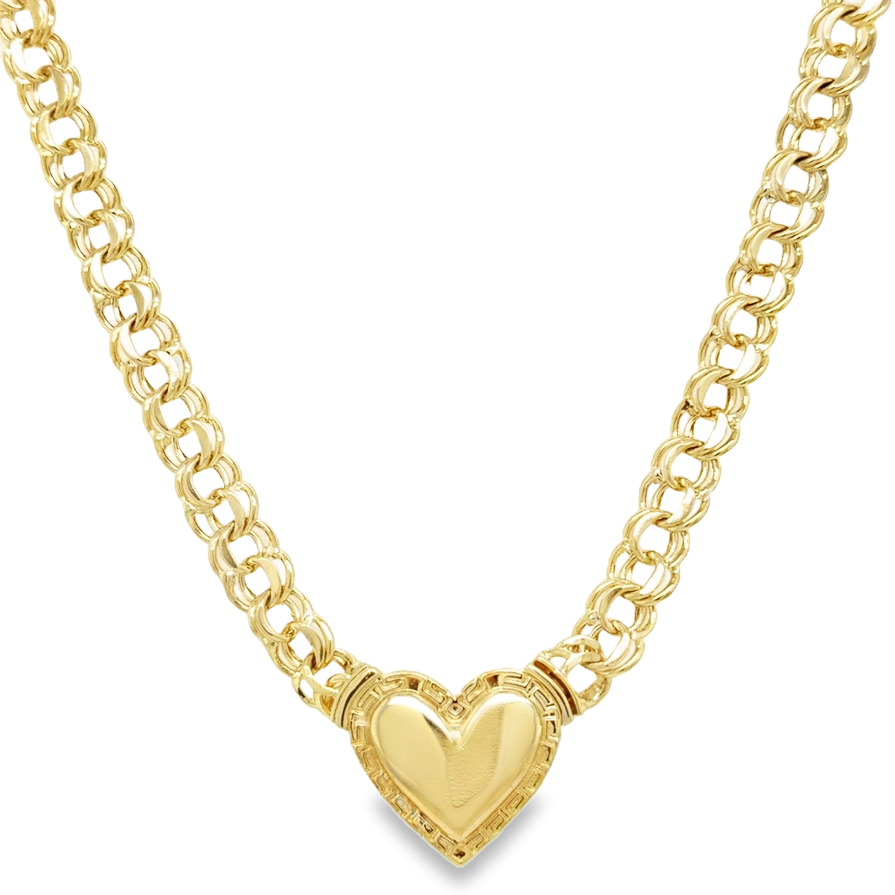 10KT Gold 6MM Chino Link Monaco Heart Chain with Greek Border 16 Inche