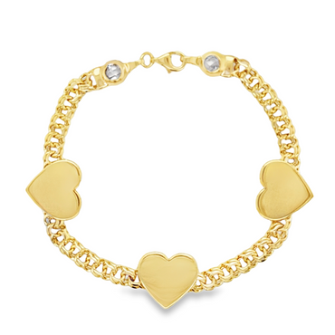 10KT Gold 5MM Chino Link Monaco Heart Bracelet with Three Hearts 7.5 I