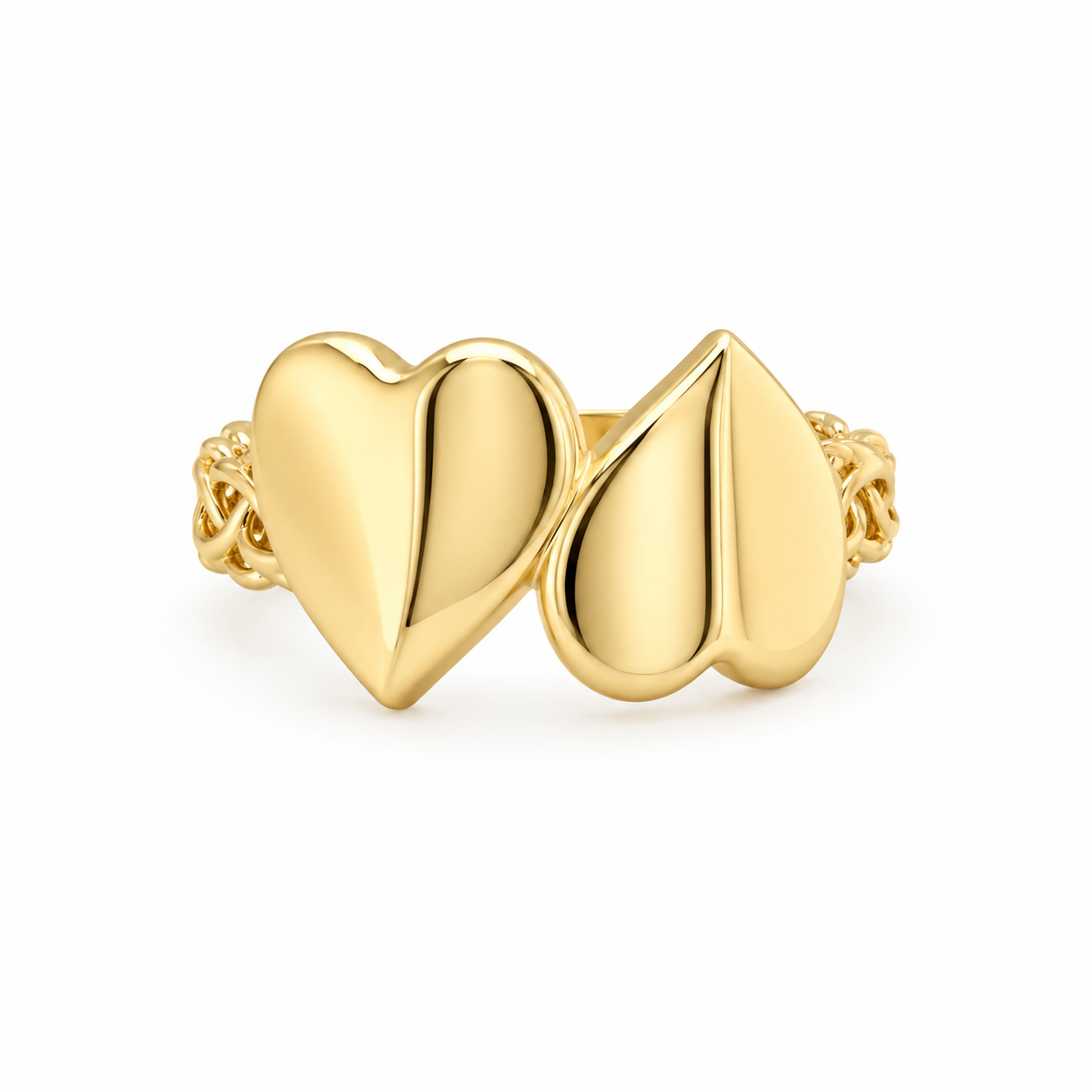 10KT Gold Chino Link Heart Ring with Two Hearts FREE Engraving