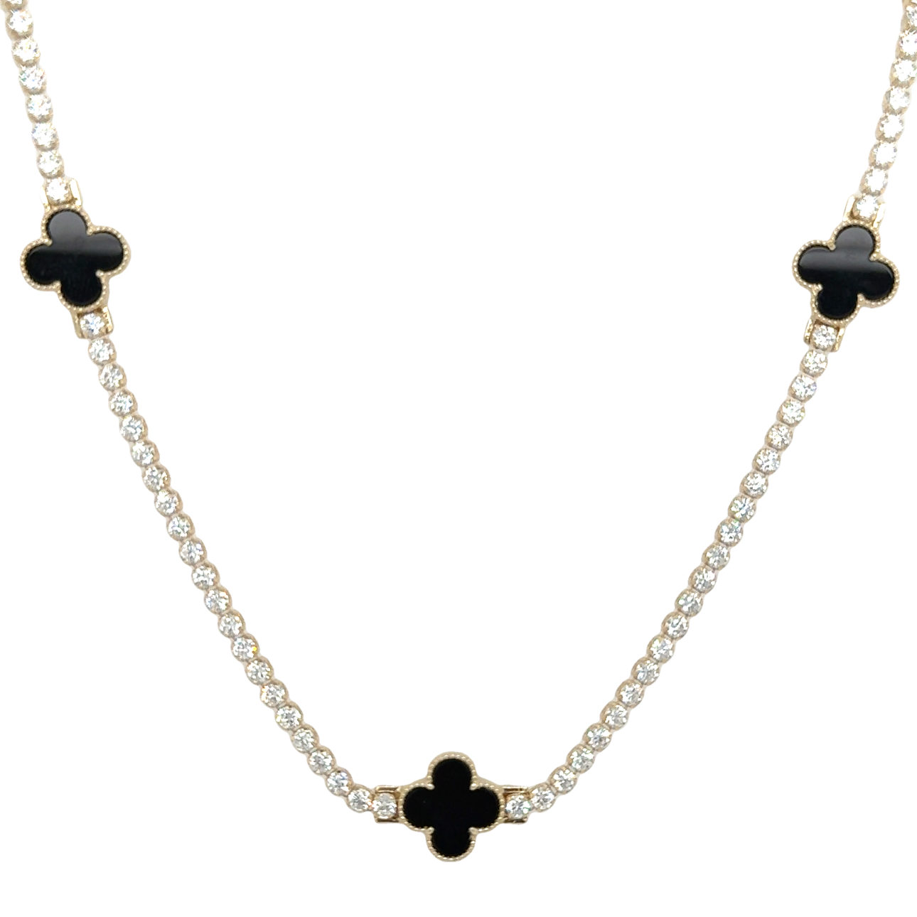 10KT Gold Tennis Necklace with Black Clovers 16"