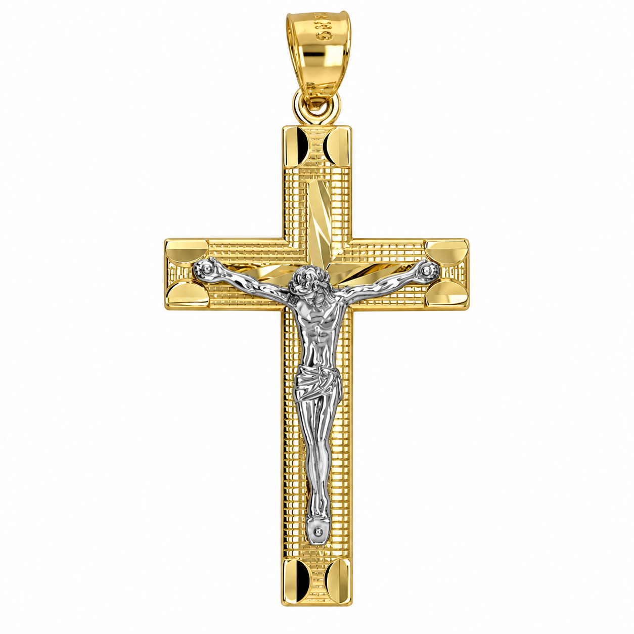 10KT Gold Two-Tone Crucifix Cross Pendant 35MM+Bail