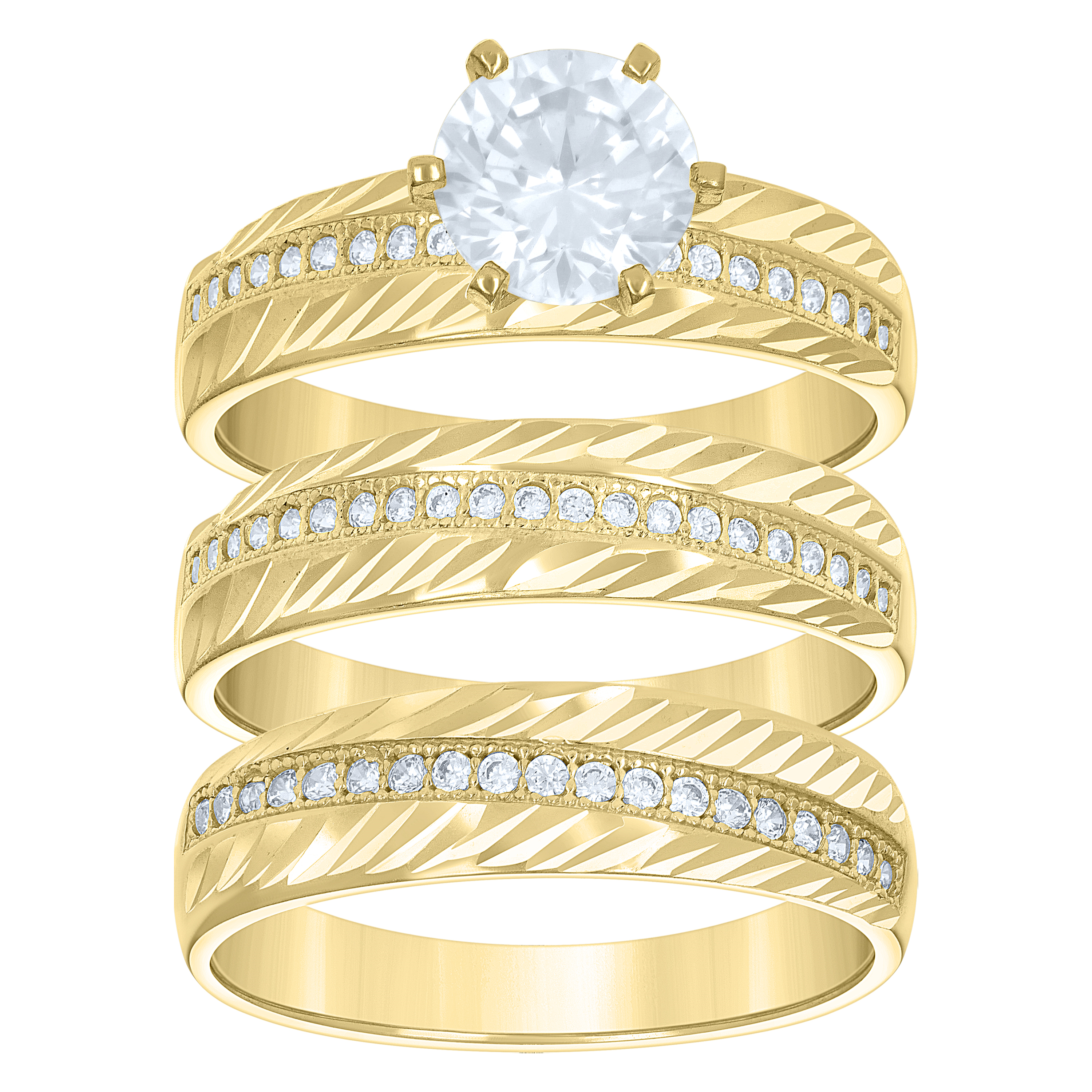 10kt Yellow-Color Gold Wedding Cubic-Zirconia Trio Ring His and Hers S