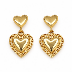 10KT Yellow Gold Hanging Heart Earrings with Greek Border FREE ENGRAVI