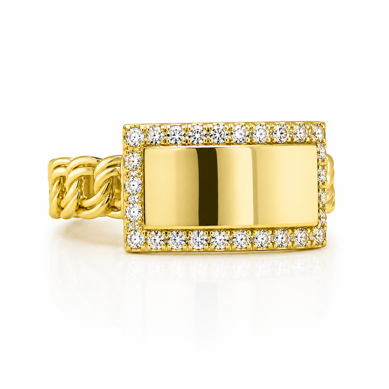 10KT Gold Tejido Chino Link Esclava Ring with CZ Border Size 8.5 FREE