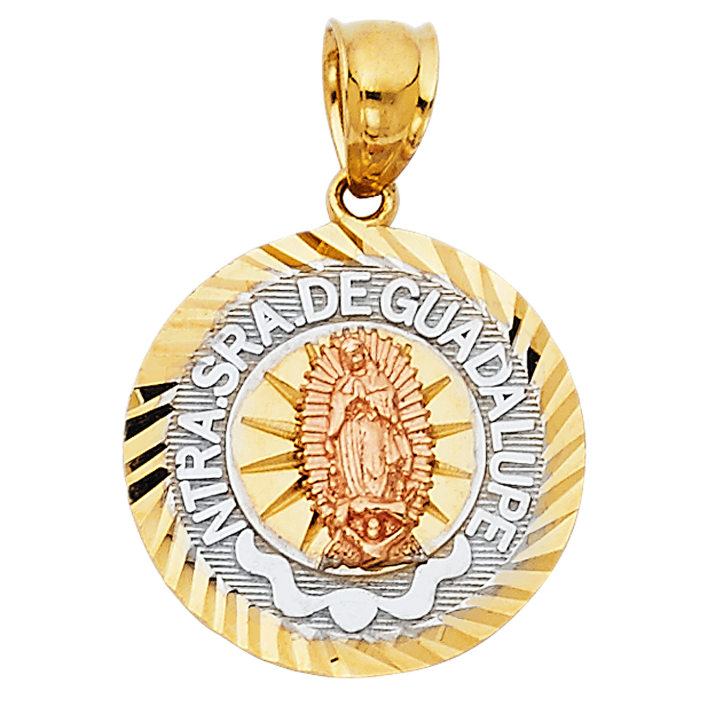 10KT Gold Virgin Mary Virgen de Guadalupe Round Pendant 0.75IN + Bail