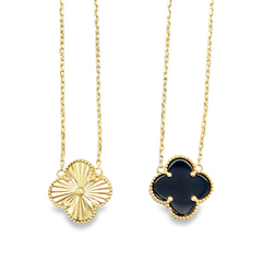 10KT Gold Double Sided Onyx and Diamond Cut Flower Necklace 16.5IN + 1IN Extension