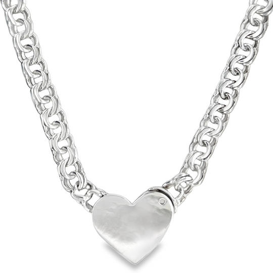 Sterling Silver 8MM Chino Link Big Heart Chain 20 Inches FREE LETTER E