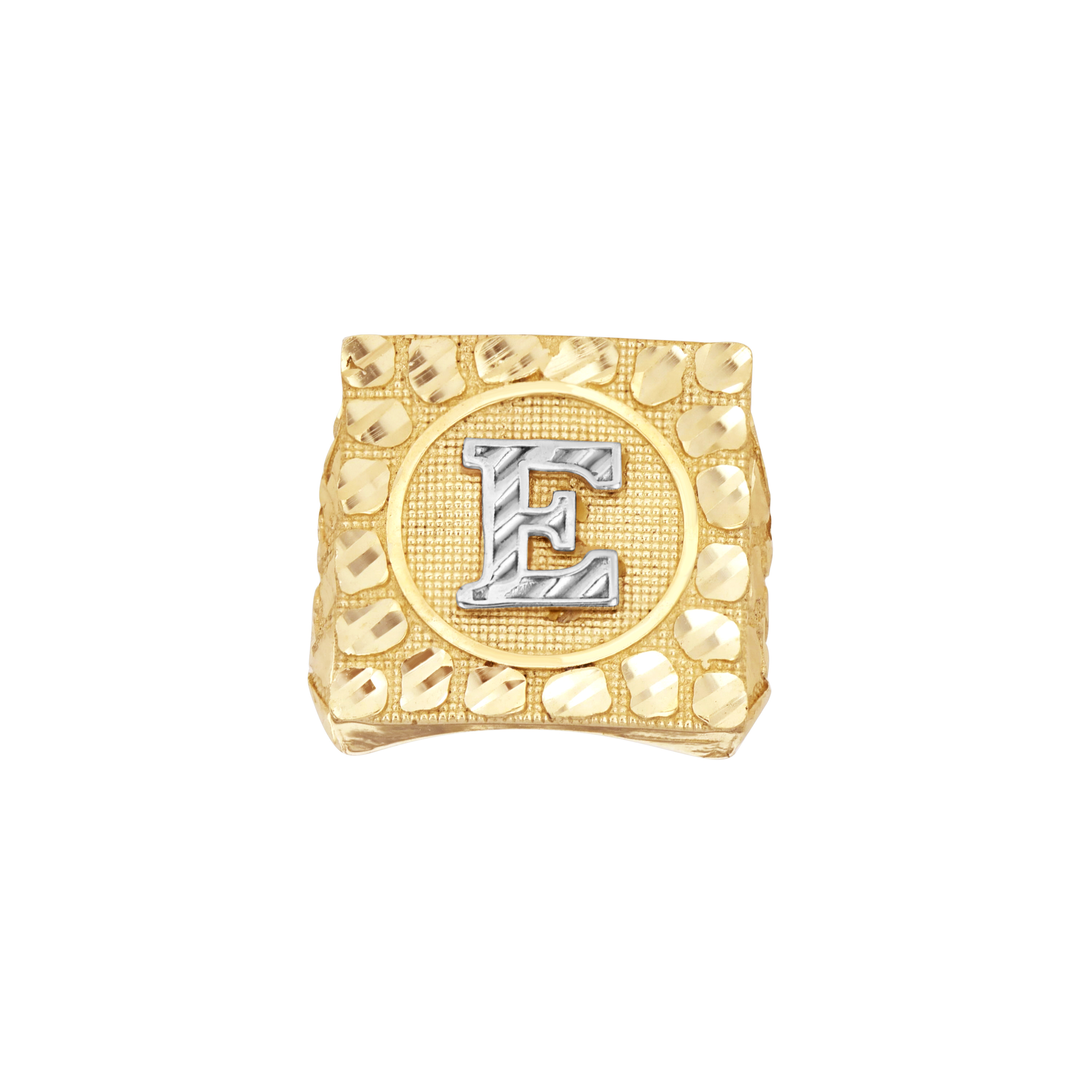 10kt Two-Tone Gold Mens Initial Alphabet E Nugget Ring