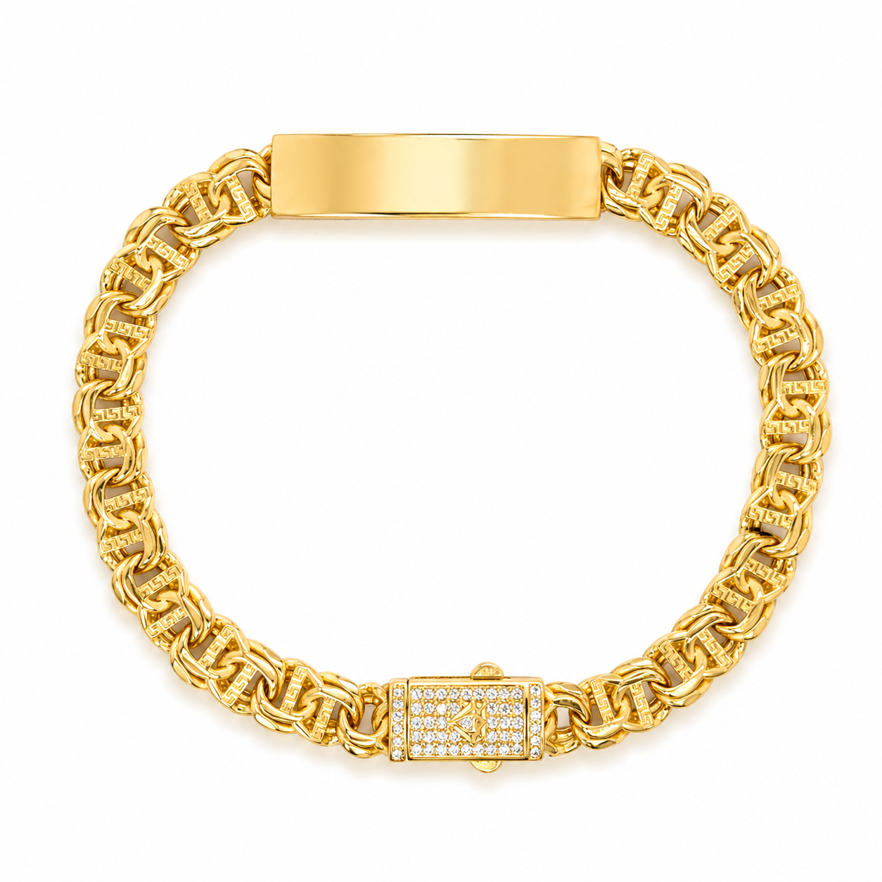 10KT Gold 7MM Chino Bar Bracelet with Greek Bars, Plain Border 7.5 Inc