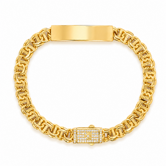 10KT Gold 7MM Chino Bar Bracelet with Greek Bars, Plain Border 7.5 Inc