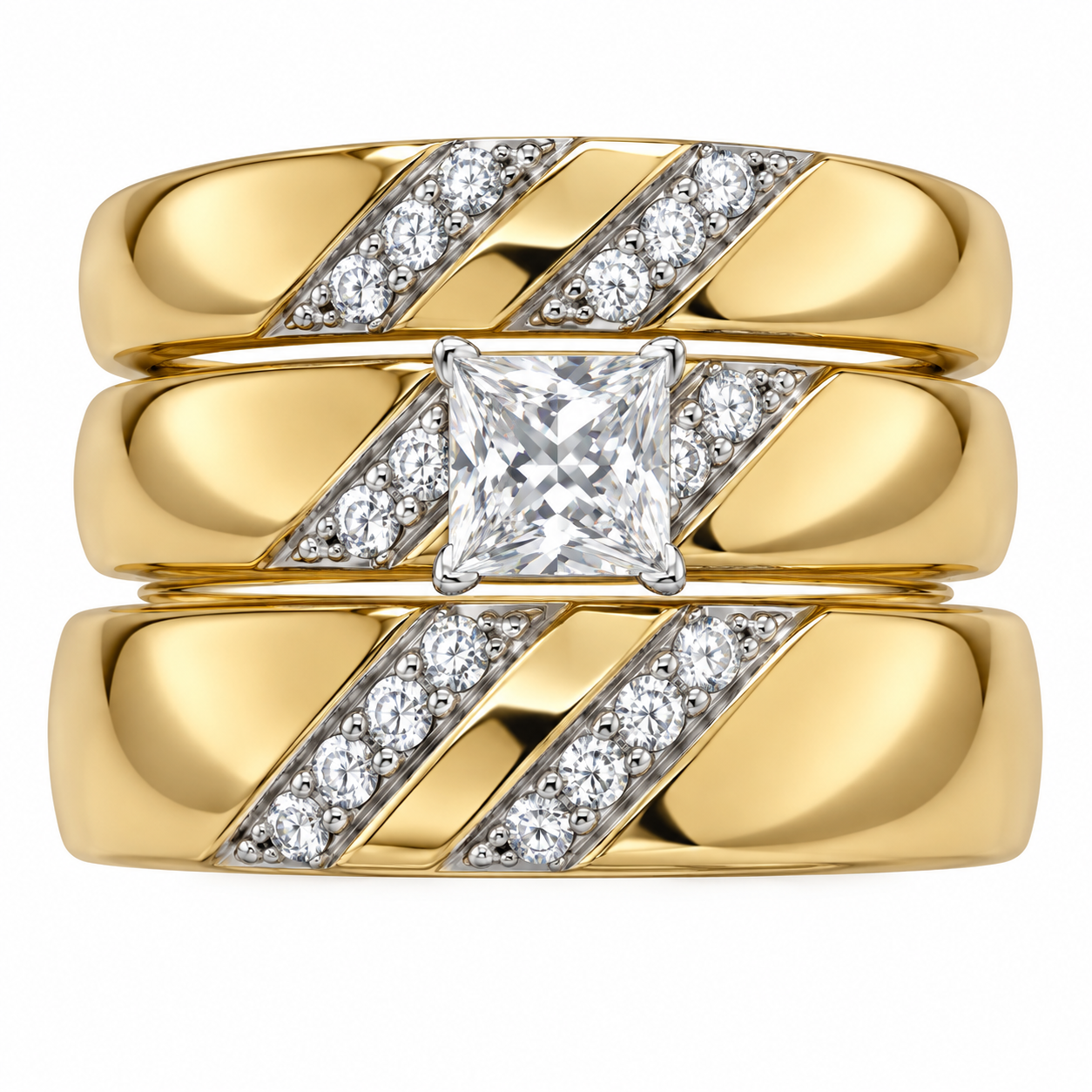 10KT Gold His and Hers Wedding Trio Set with Princess Cut CZ