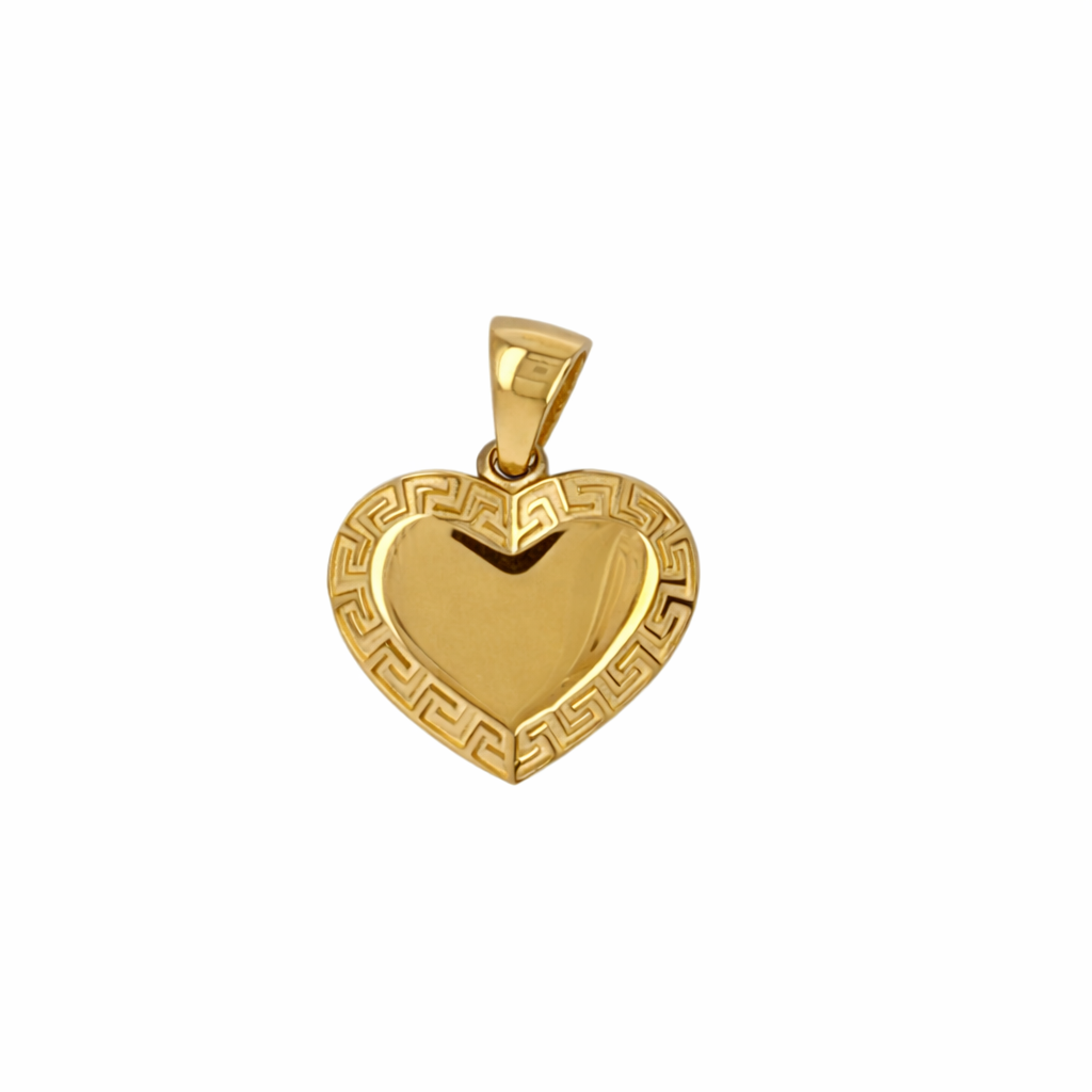 10KT Yellow Gold 15MM Heart Pendant with Greek Border FREE ENGRAVING