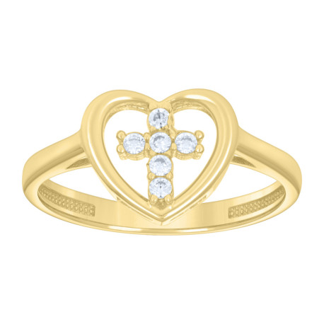 10kt Yellow Gold Womens Cubic-Zirconia Cross Heart Ring