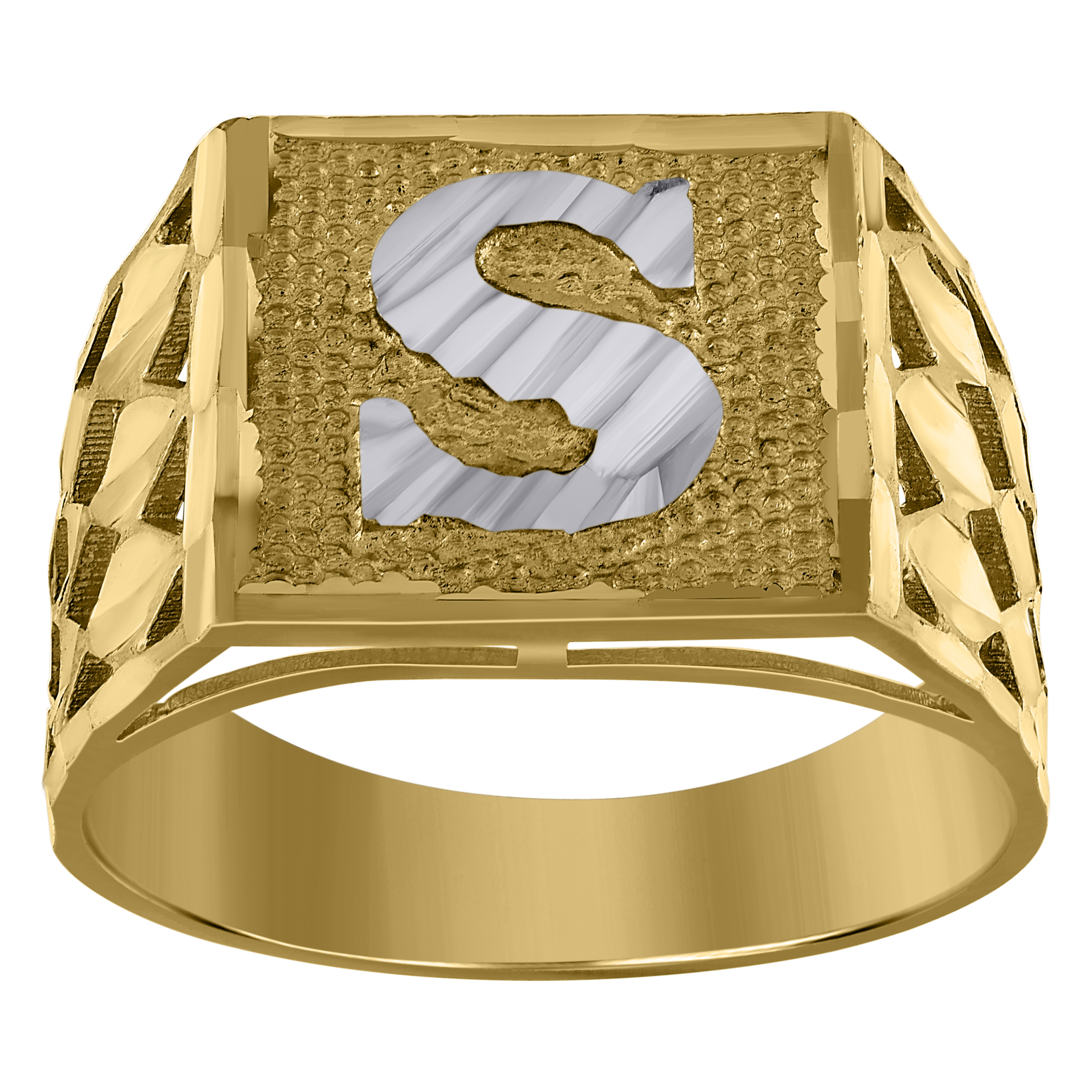 10kt Two-Tone Gold Mens Diamond-Cut Textured Initial Letter S Band Rin