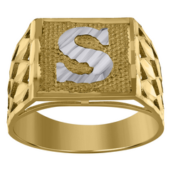 10kt Two-Tone Gold Mens Diamond-Cut Textured Initial Letter S Band Rin