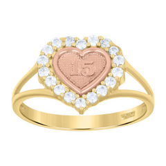 10kt Gold Tri-Color CZ Girls 15 Anos Heart Quinceanera Ring