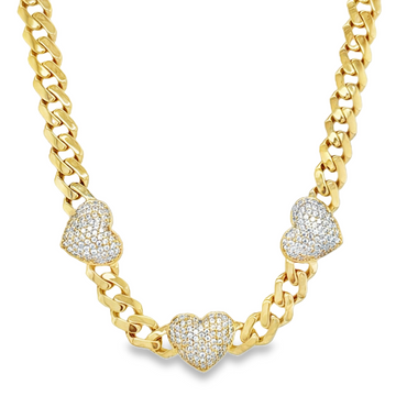 10KT Gold 6MM Cuban Monaco Three Hearts CZ Chain 18 Inches