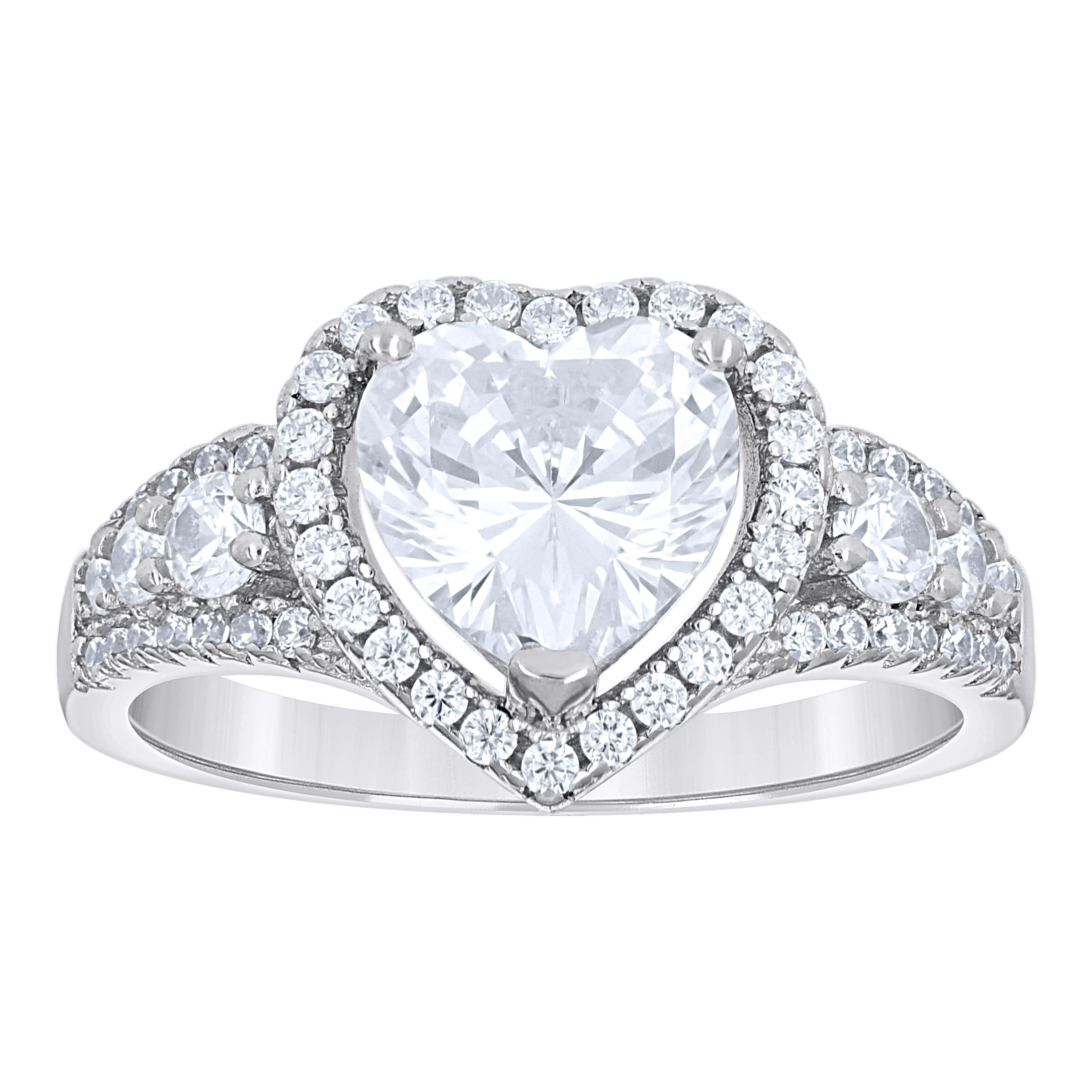 925 Sterling Silver Womens Heart Round Cubic-Zirconia Heart Engagement