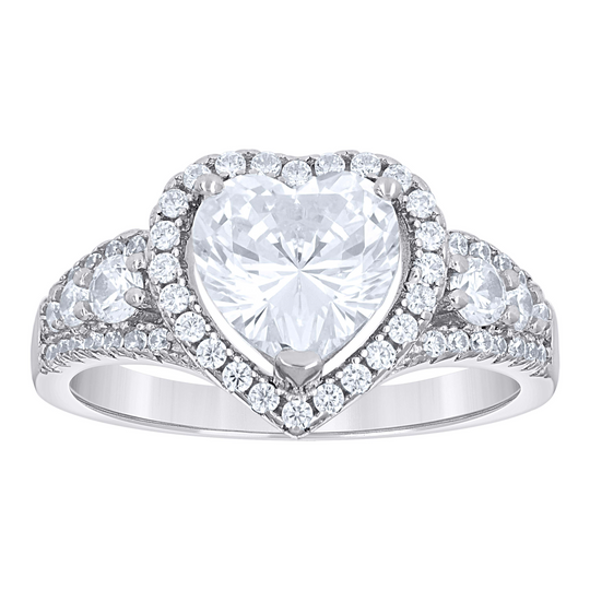 925 Sterling Silver Womens Heart Round Cubic-Zirconia Heart Engagement