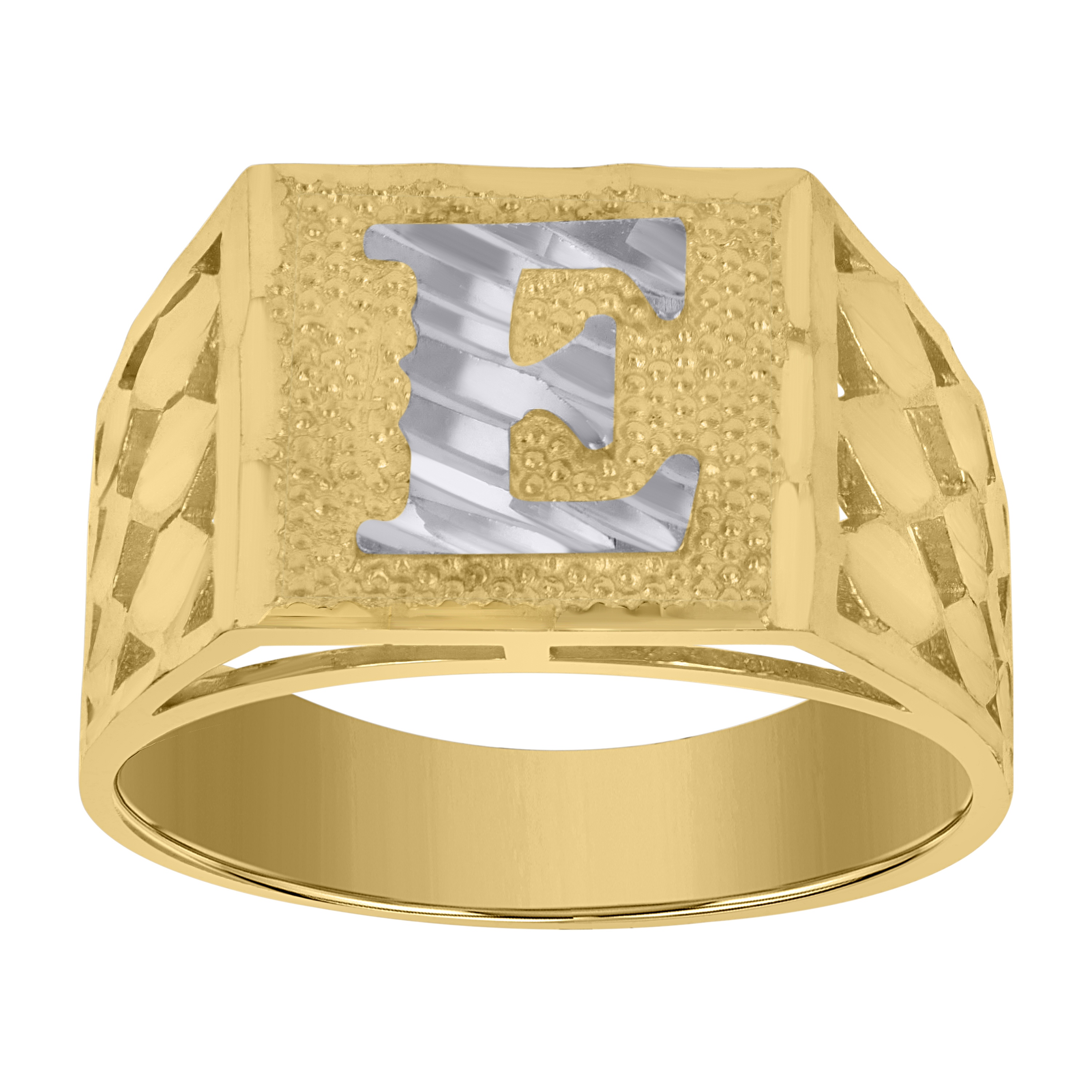 10kt Two-Tone Gold Mens Diamond-Cut Textured Initial Letter E Band Rin