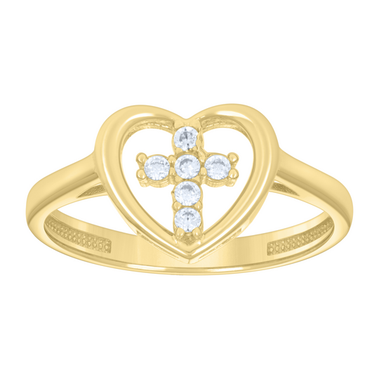10kt Yellow Gold Womens Cubic-Zirconia Cross Heart Ring