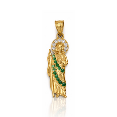 10KT Gold St. Jude San Judas Pendant 1.25IN Plus Bail with Green Stone