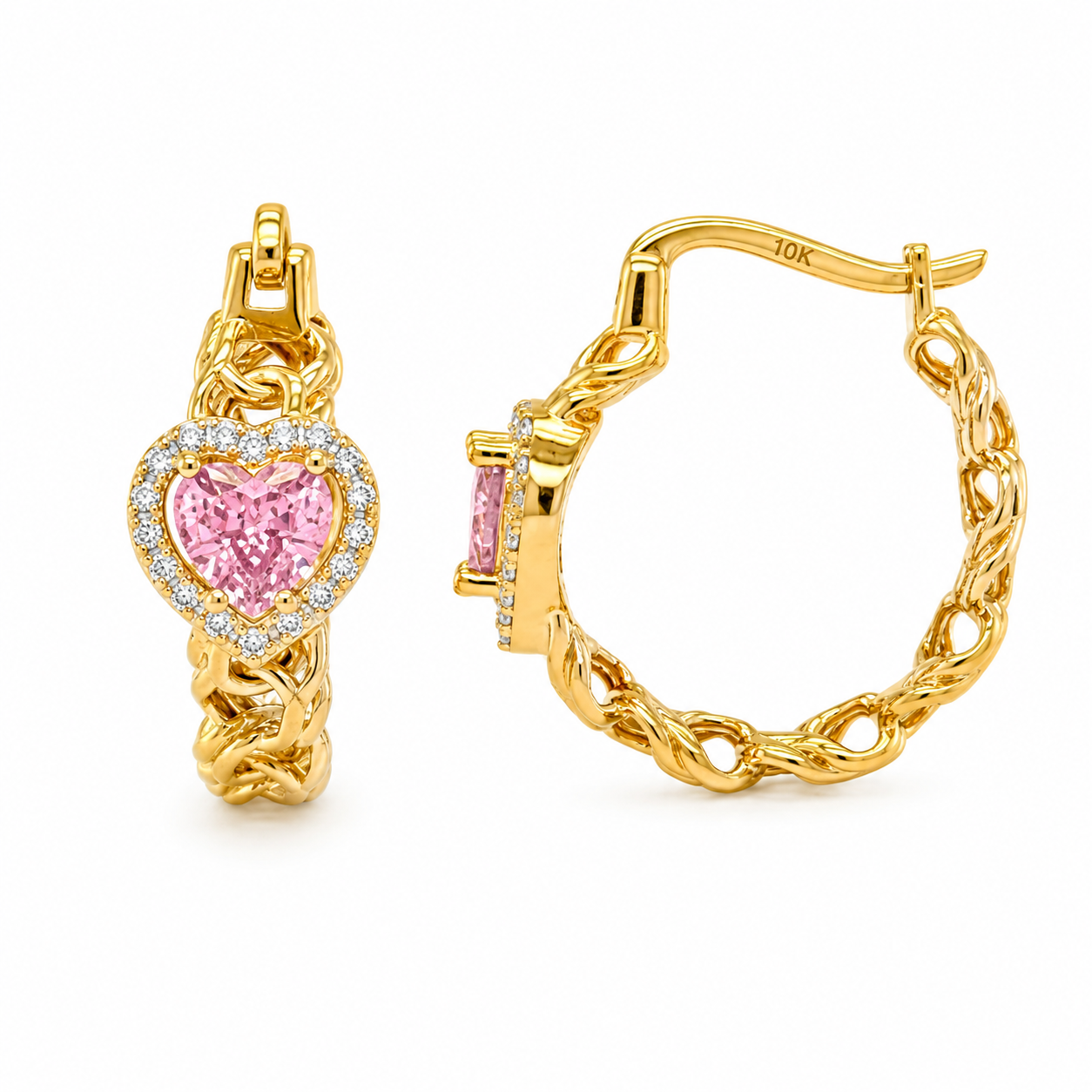 10KT Gold Chino Hoop Earrings with Pink Heart Stone 20MM