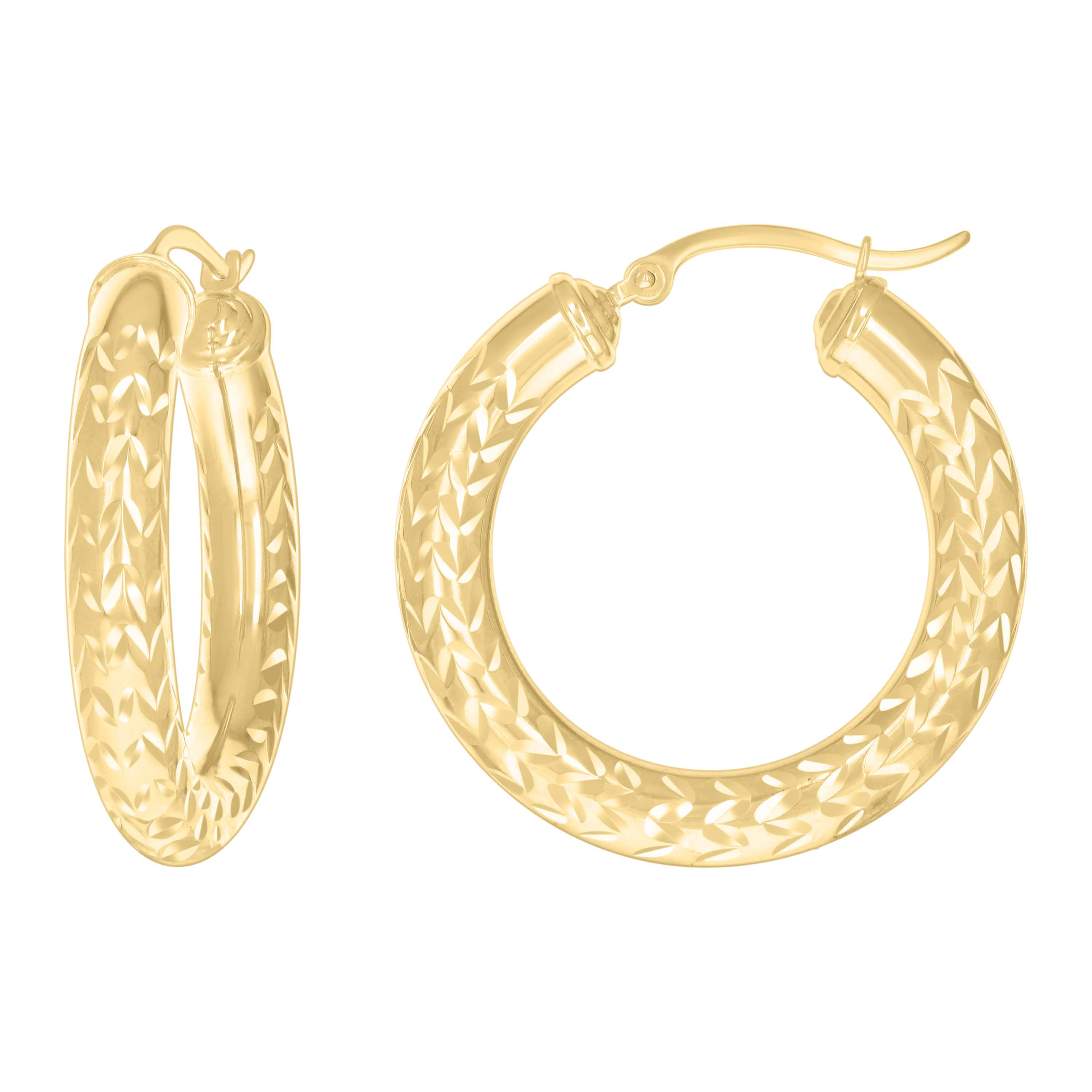 10kt Yellow Gold Womens Diamond-cut Round Tube Patterned Hoop Earrings