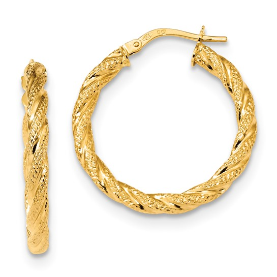 14k Gold Satin and Polished Twisted Hoop Earrings 26MM