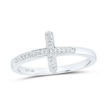 10k White Gold Round Diamond Cross Religious Band Ring 1/20 Cttw