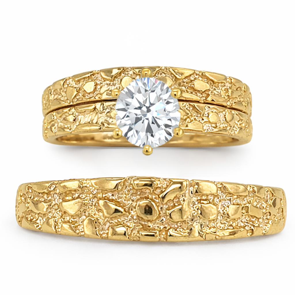 10KT Gold His and Hers Nugget Wedding Trio Set with Round CZ
