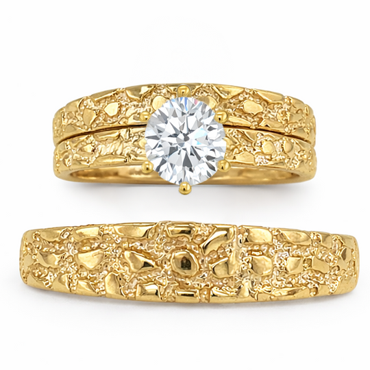 10KT Gold His and Hers Nugget Wedding Trio Set with Round CZ