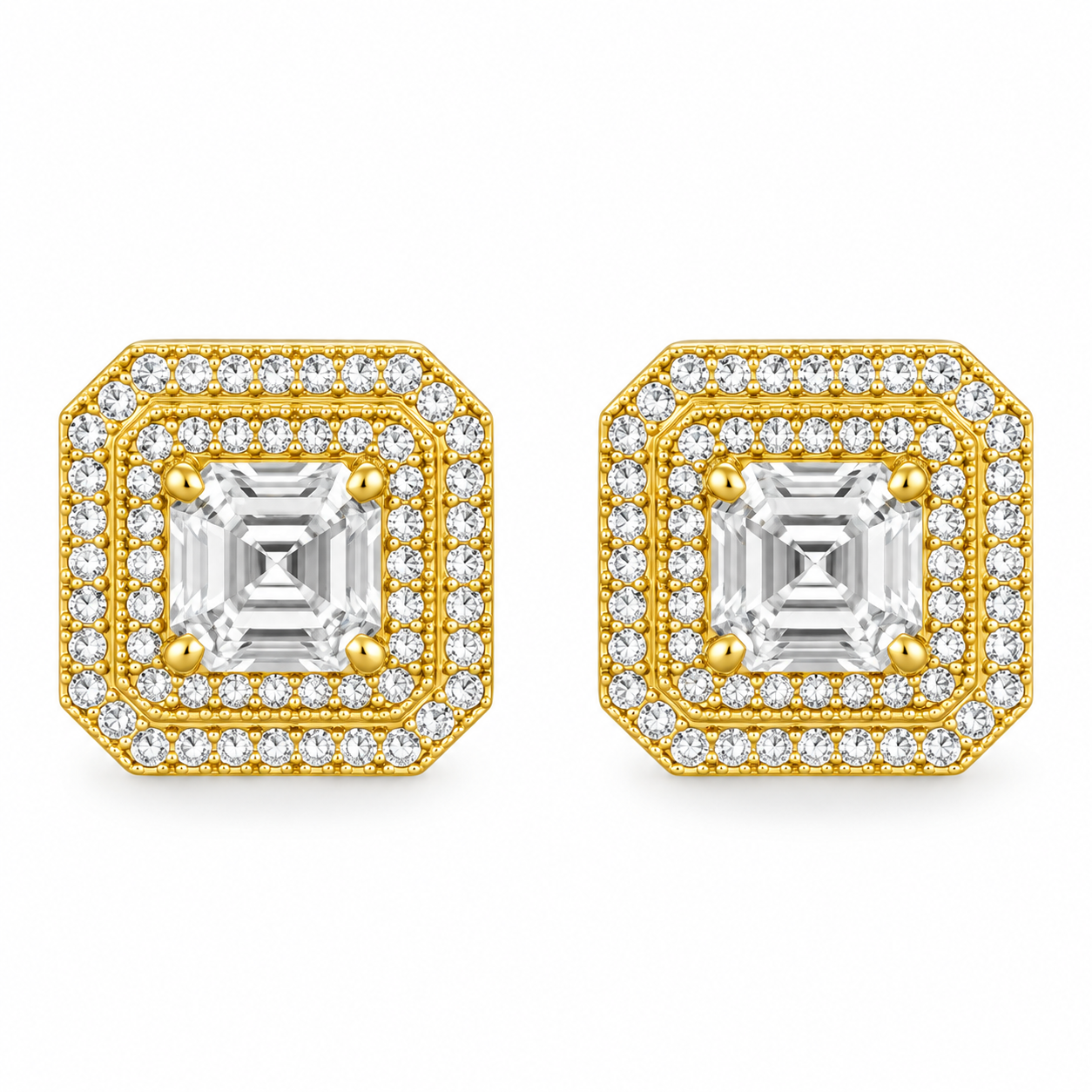 10KT Gold Princess Cut Earrings with Double Halo