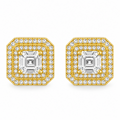 10KT Gold Princess Cut Earrings with Double Halo