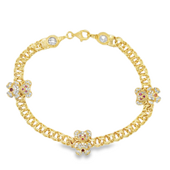 10KT Gold 5MM Chino Link Monaco Bracelet with Three Teddy Bears 7.5 In