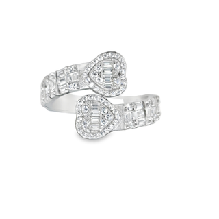 925 Sterling Silver Womens Baguette Round Cubic-Zirconia Heart Bypass Fashion Ring