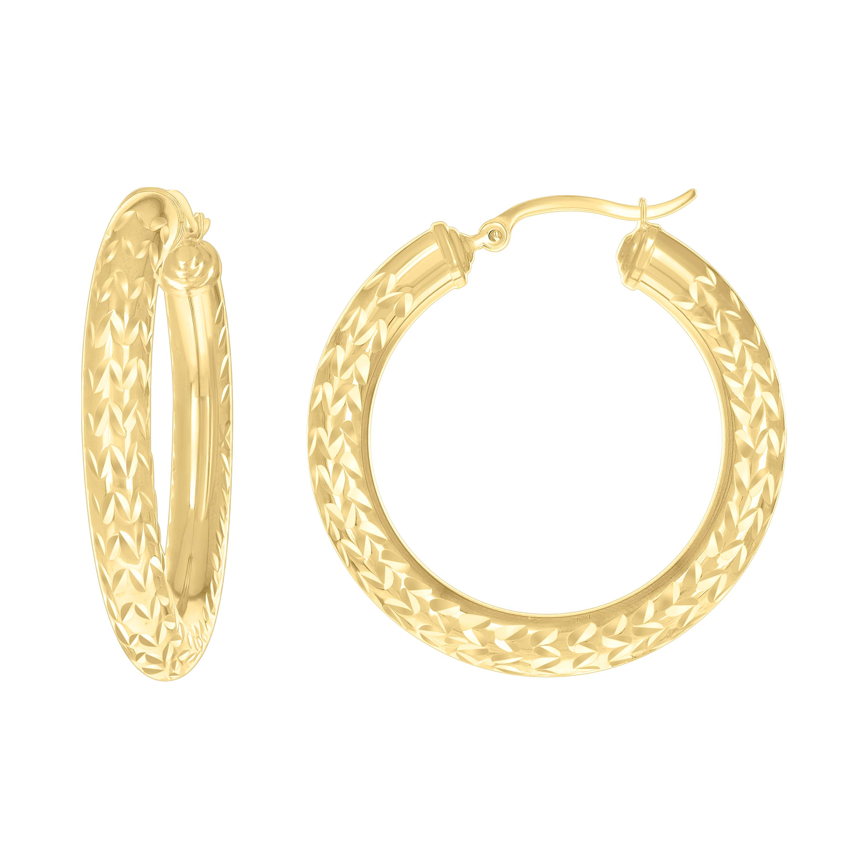 10kt Yellow Gold Womens Diamond-cut Round Tube Patterned Hoop Earrings