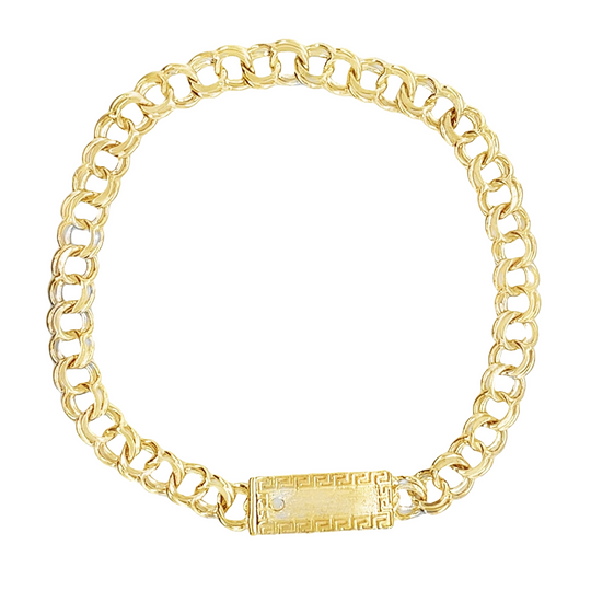 10KT Gold 6MM Chino Link Bracelet with Greek Border 7.5 Inches FREE ENGRAVING