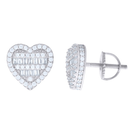 925 Sterling Silver Baguette Round Cubic-Zirconia Heart Stud Earrings