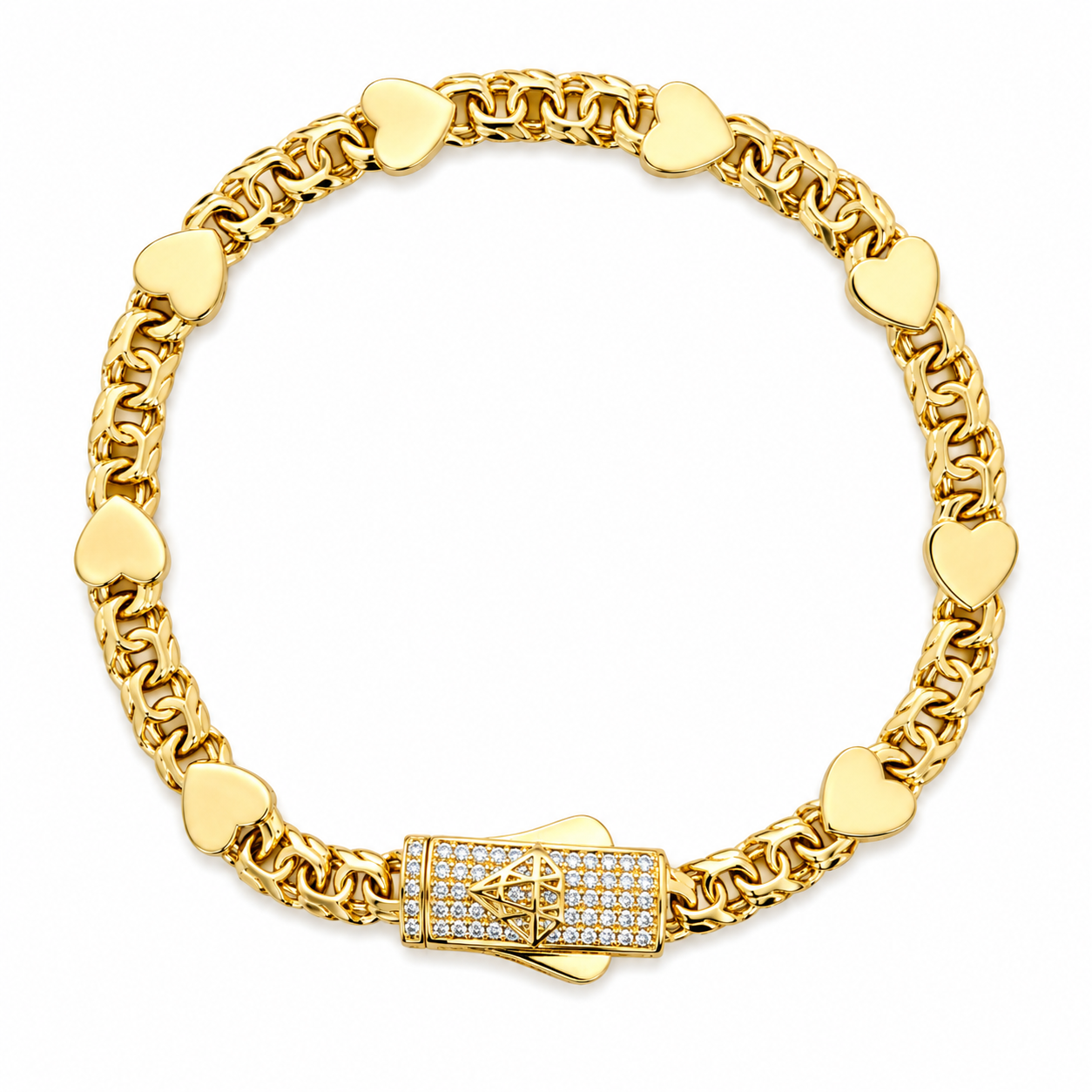 10KT Gold 5MM Chino Link Monaco Bracelet with Multiple Hearts 7 Inches