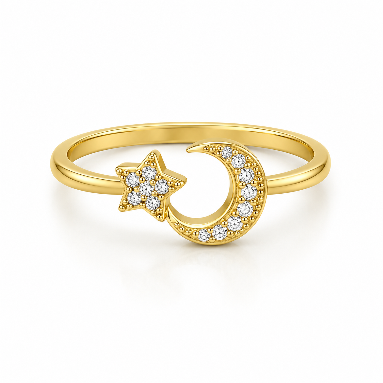 10KT Gold Crescent Moon & Star Ring